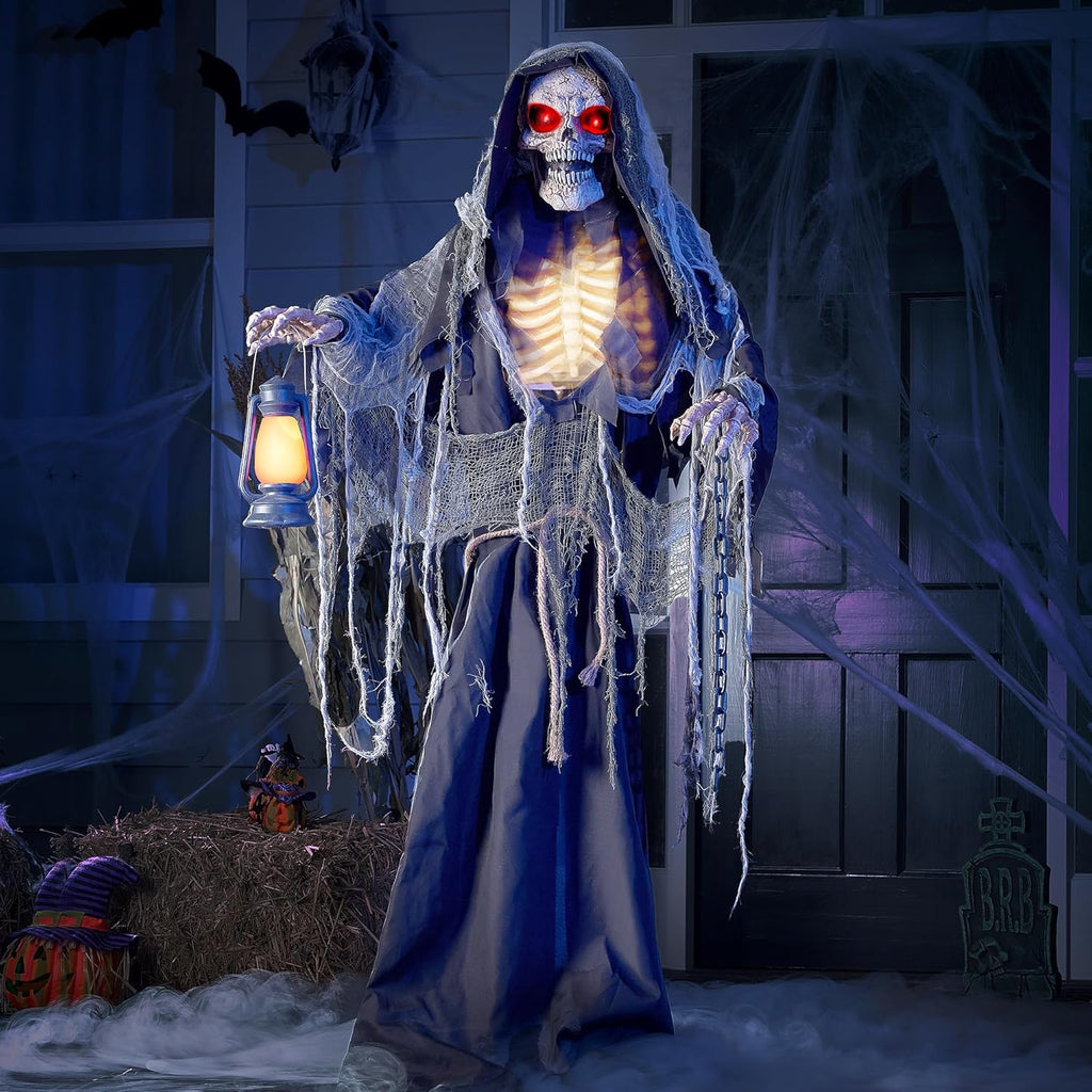 67" Halloween Animatronics Grim Reaper Animated Decoration with Light-Up Eyes W74699