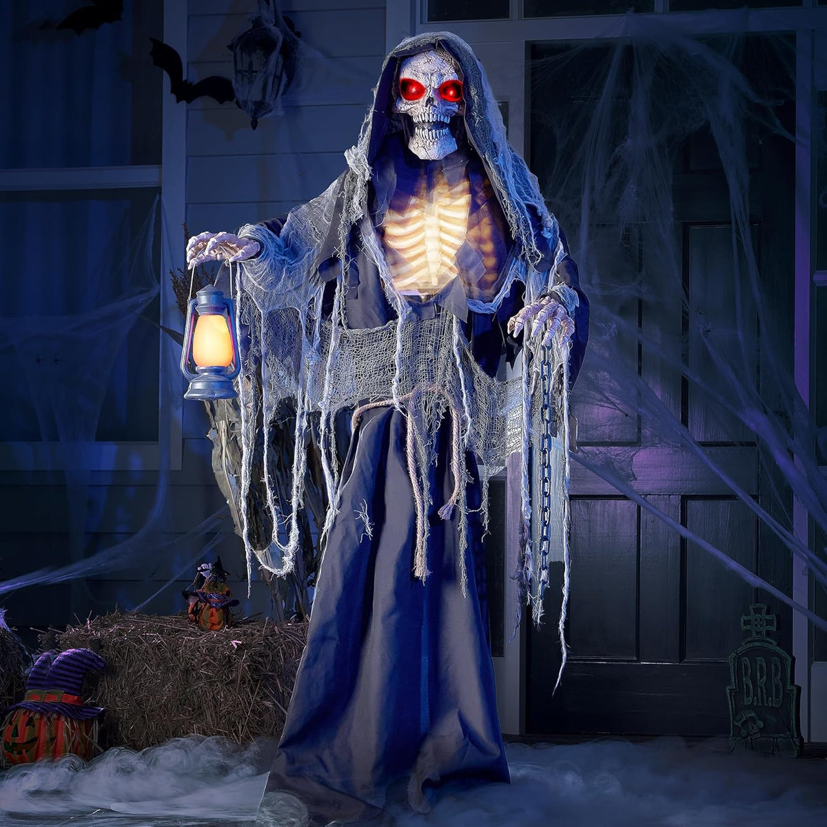 67" Halloween Animatronics Grim Reaper Animated Decoration with Light-Up Eyes W74699