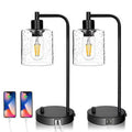 Set of 2 Dimmable Table Lamps with USB Port, Seeded Glass & Matte Black S237