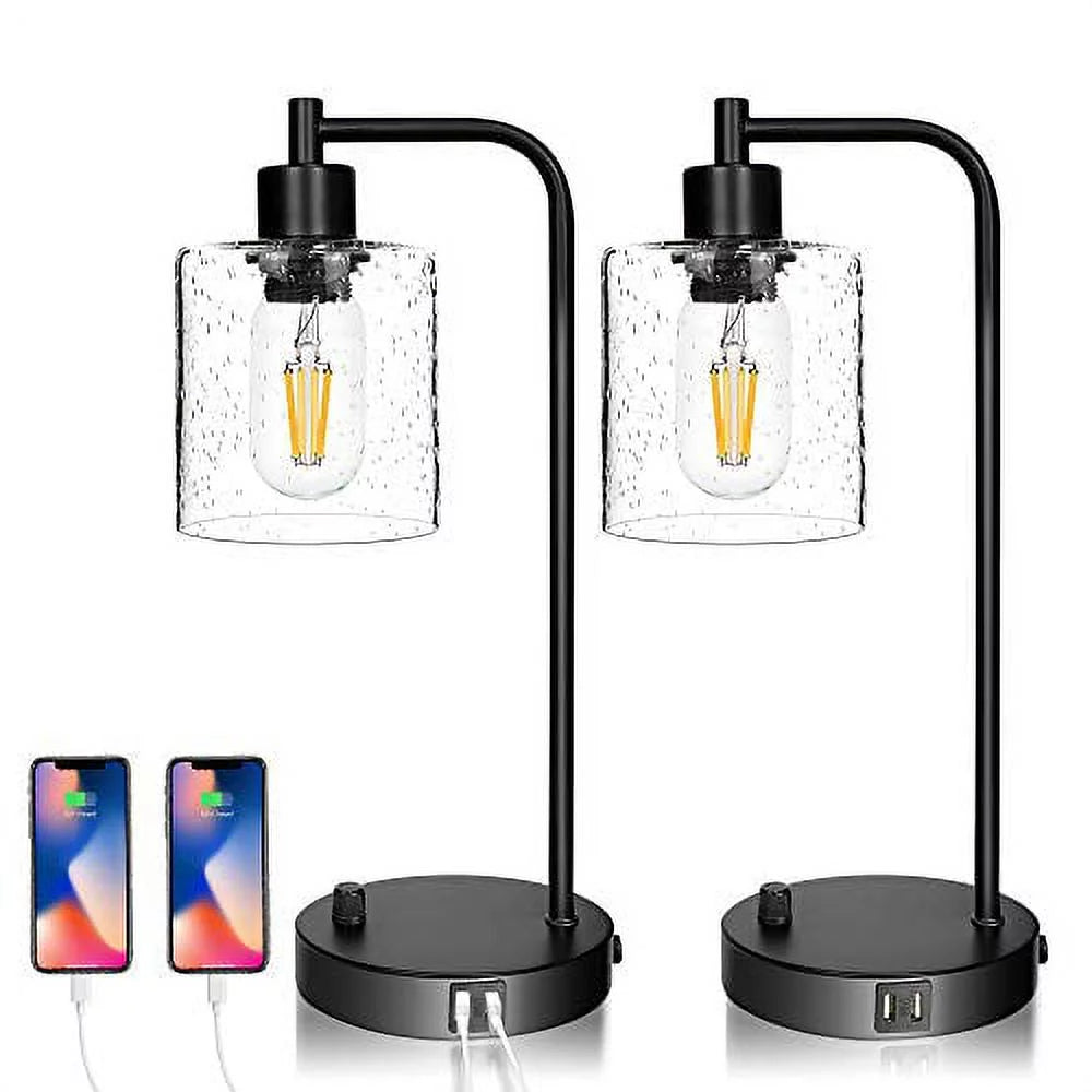 Set of 2 Dimmable Table Lamps with USB Port, Seeded Glass & Matte Black S237