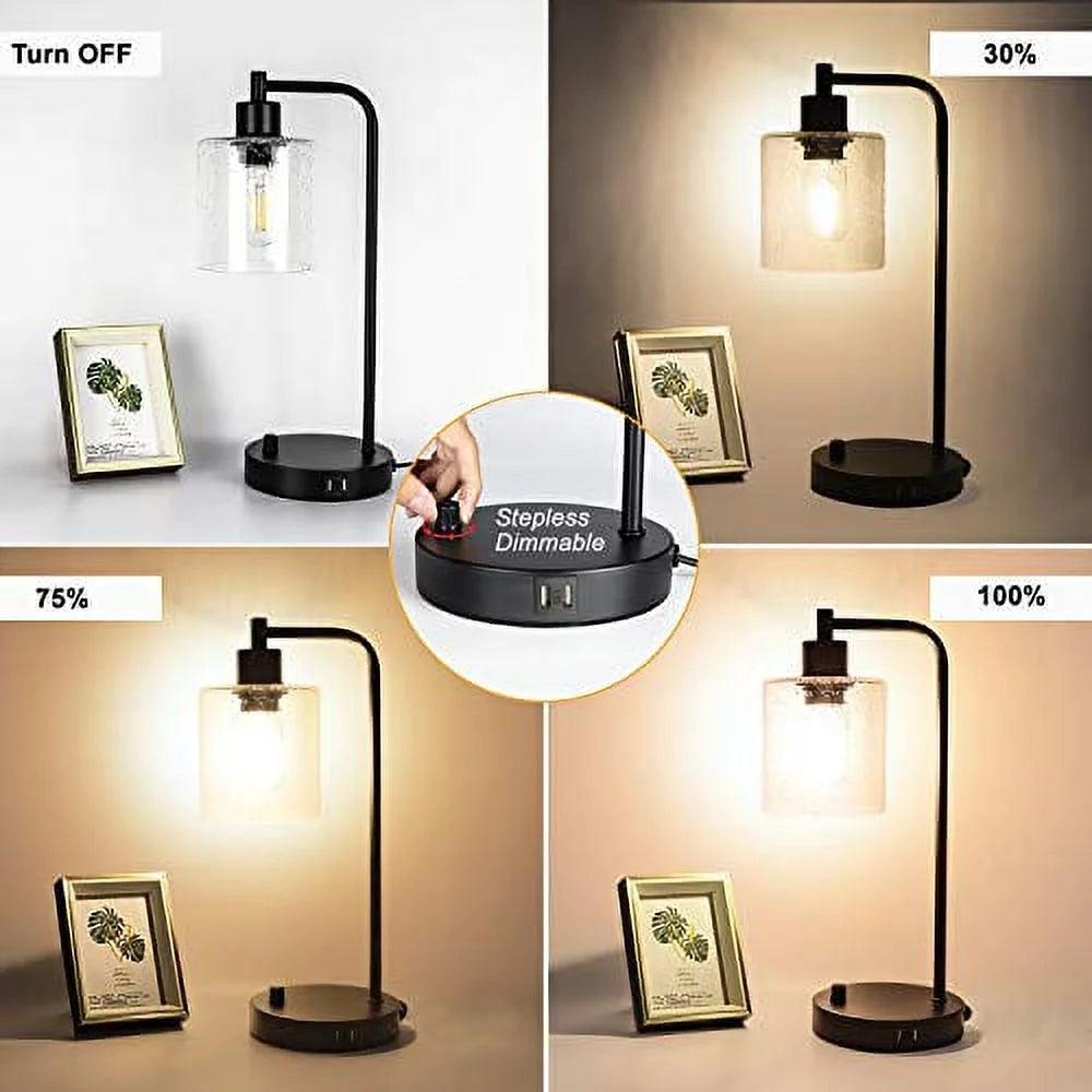 Set of 2 Dimmable Table Lamps with USB Port, Seeded Glass & Matte Black S237