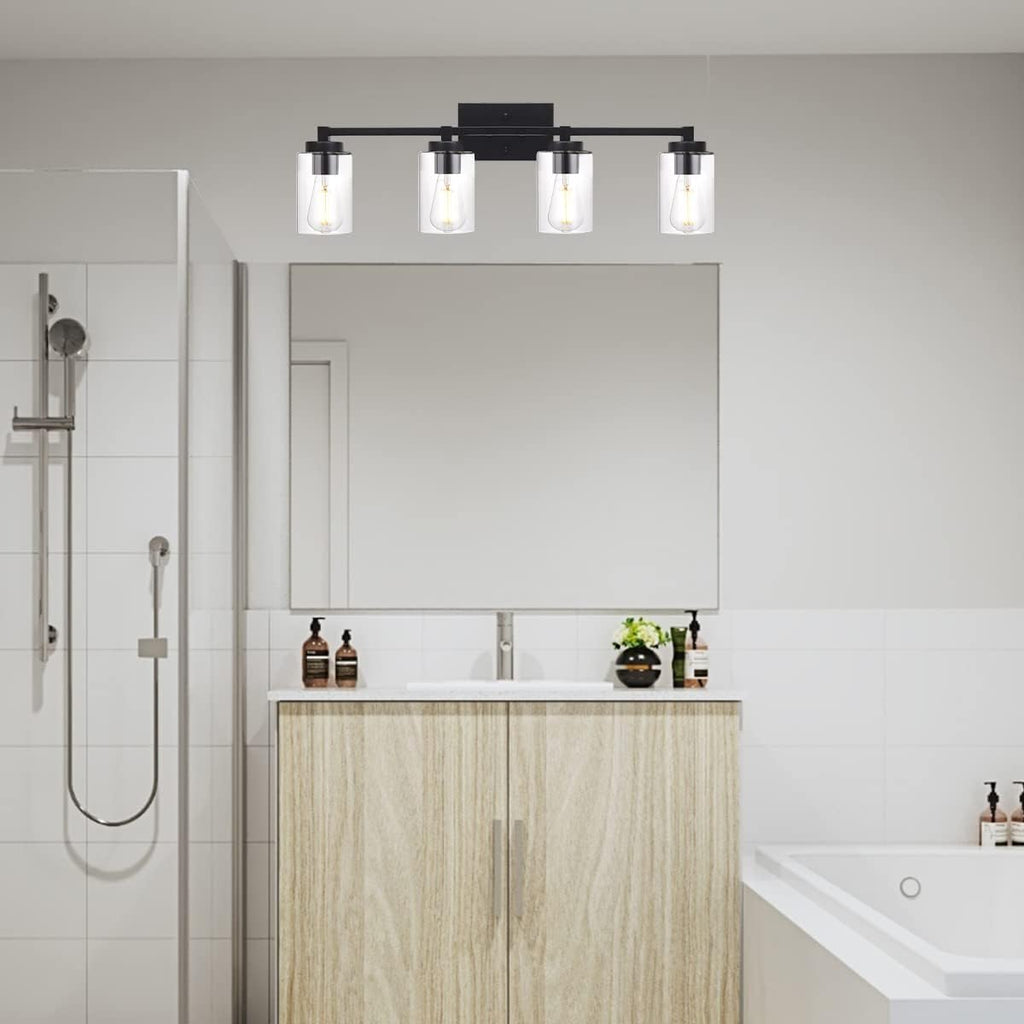 4 Light Matte Black Bathroom Light Fixtures 31.1 Inches Vanity Lighting with Glass Shade G61523