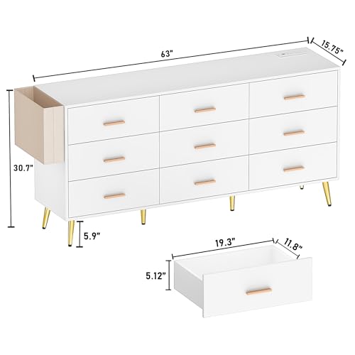 White 9 Drawer Wood Dresser with Charging Station B958