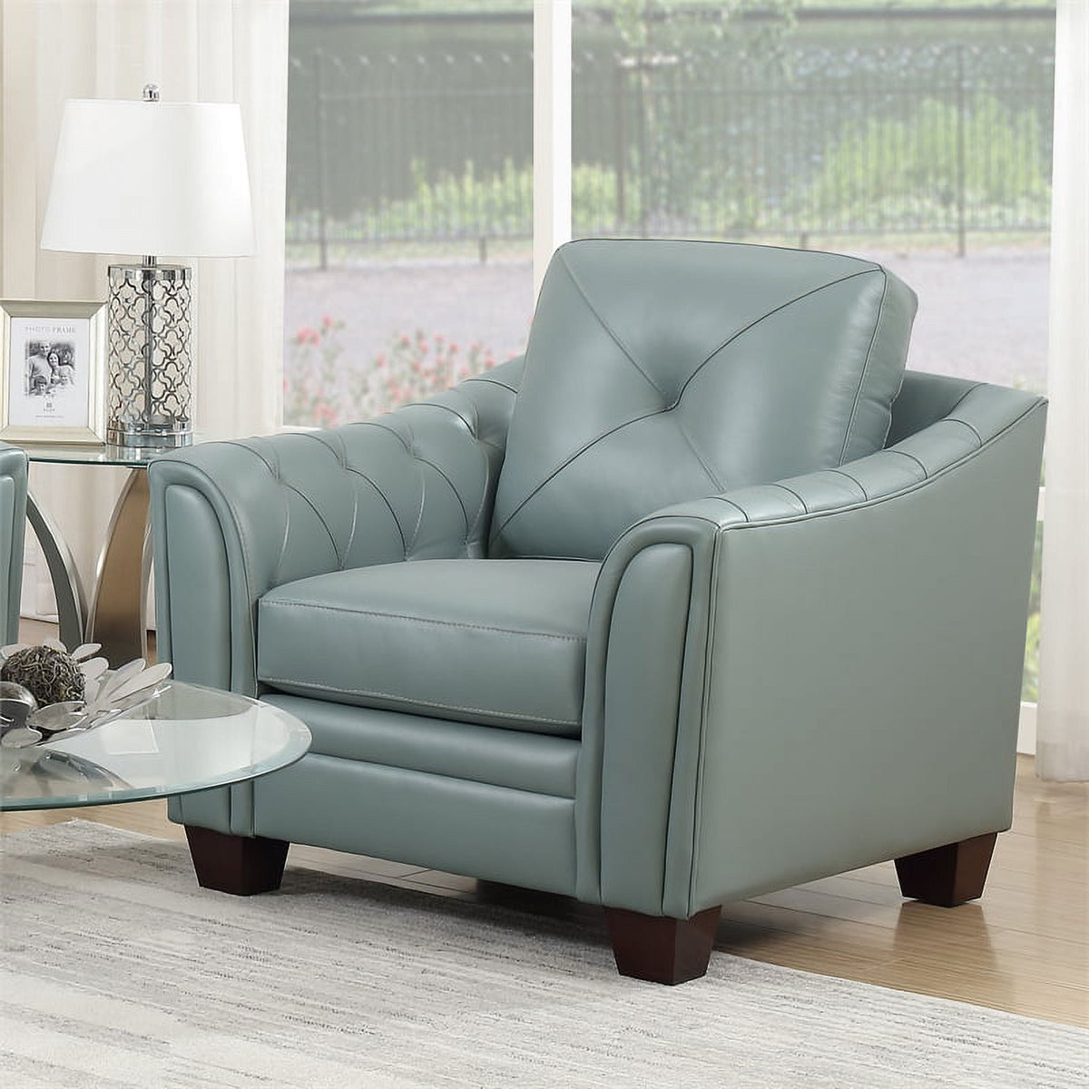 2 Piece Tufted Leather Accent Chair Set In Spa Blue W5531