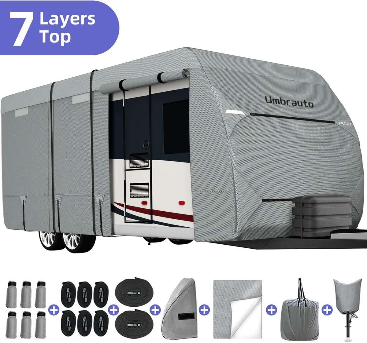RV Cover with Tongue Jack Cover, Extra Windproof Ropes, Gutter Covers B823870