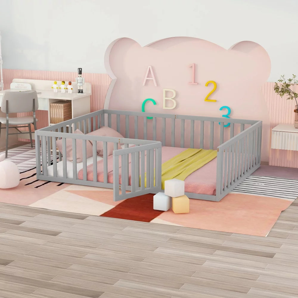 Queen Size Solid Wood Floor Bed Frame with Fence Rail and Door H58869