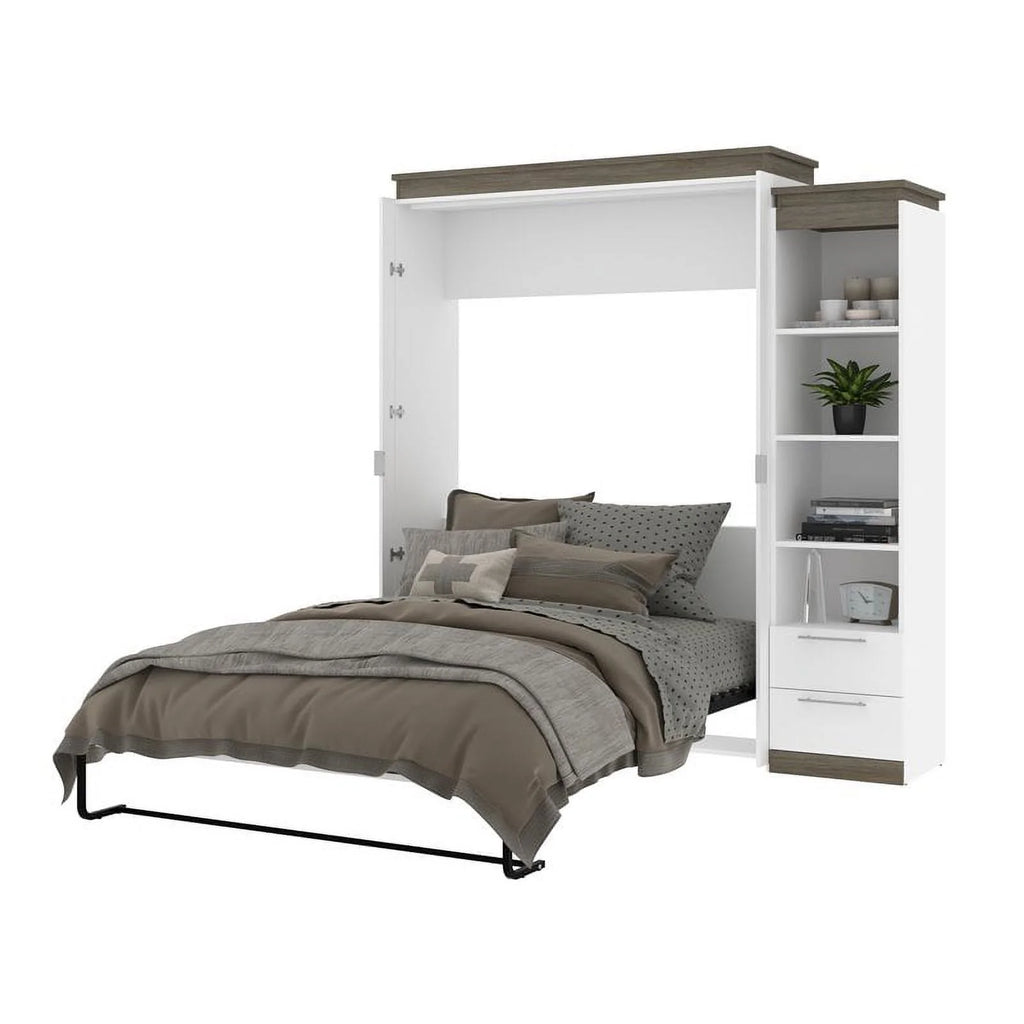 White Queen Murphy Bed and Shelving with Drawers W4669
