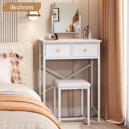 White Compact Vanity Desk with Mirror and Chair I82474