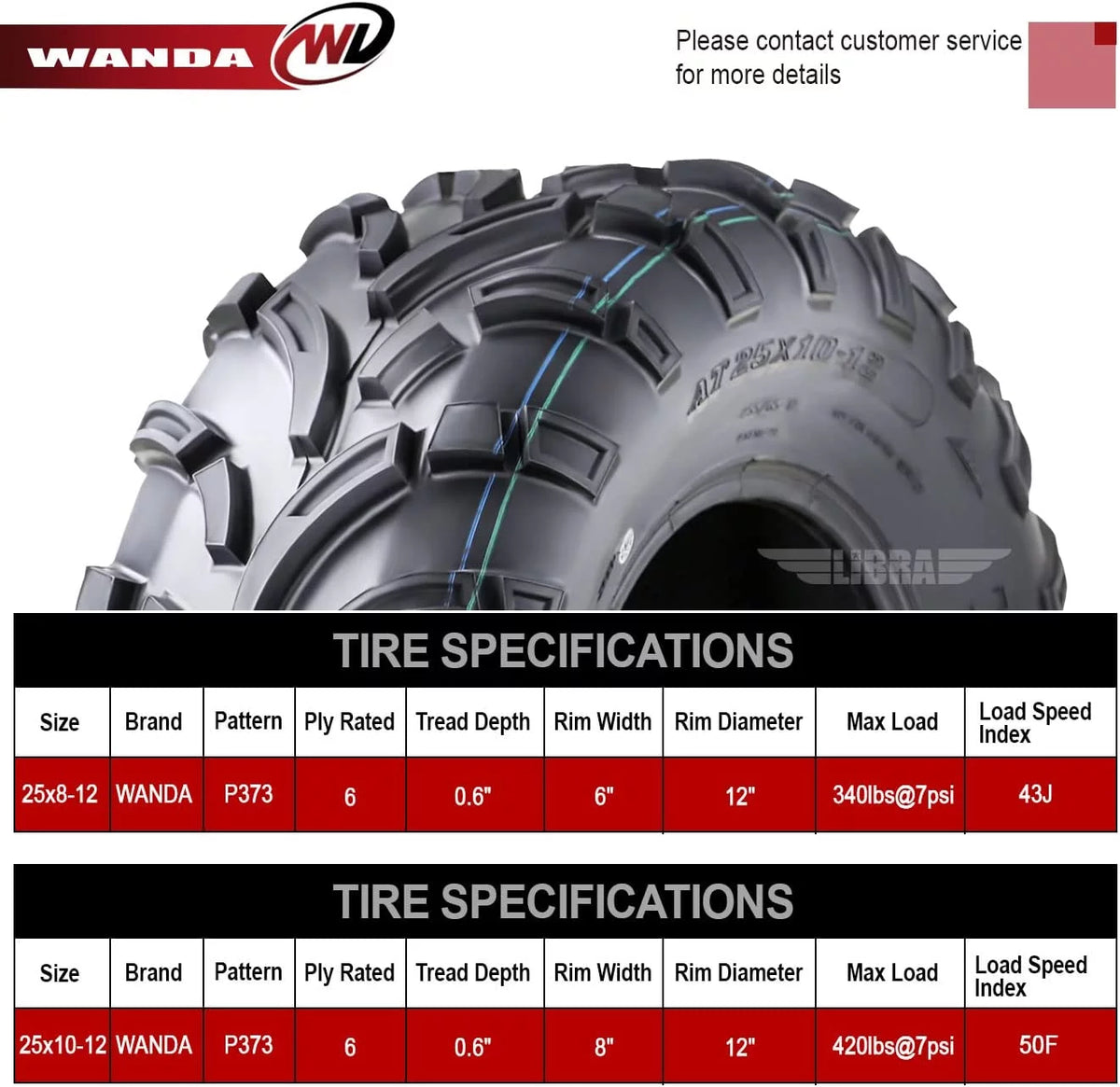 25x8-12 Front & 25x10-12 Rear 6PR Set 4 ATV/UTV Tires G7101
