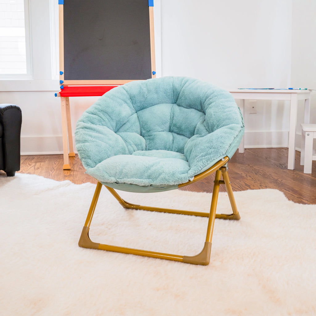 Dusty Aqua/Soft Gold Kids Faux Fur Folding Saucer Chair K8564