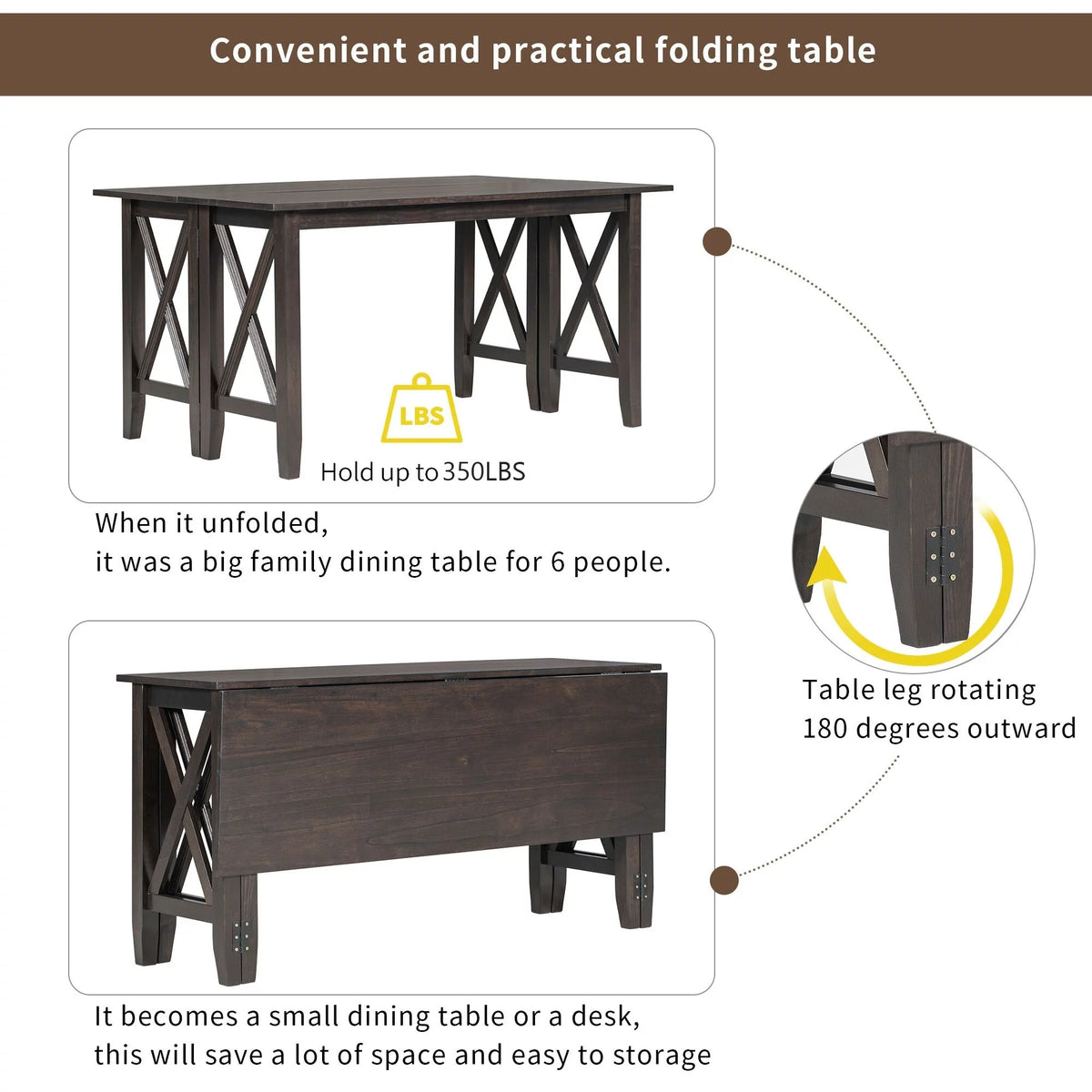 Espresso 6-Piece Solid Wood Foldable Dining Set A562