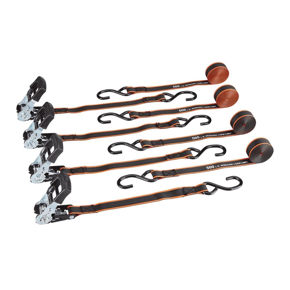 500 lb. Capacity 1 in. x 15 ft. Ratcheting Tie-Downs 4-Pack J22039