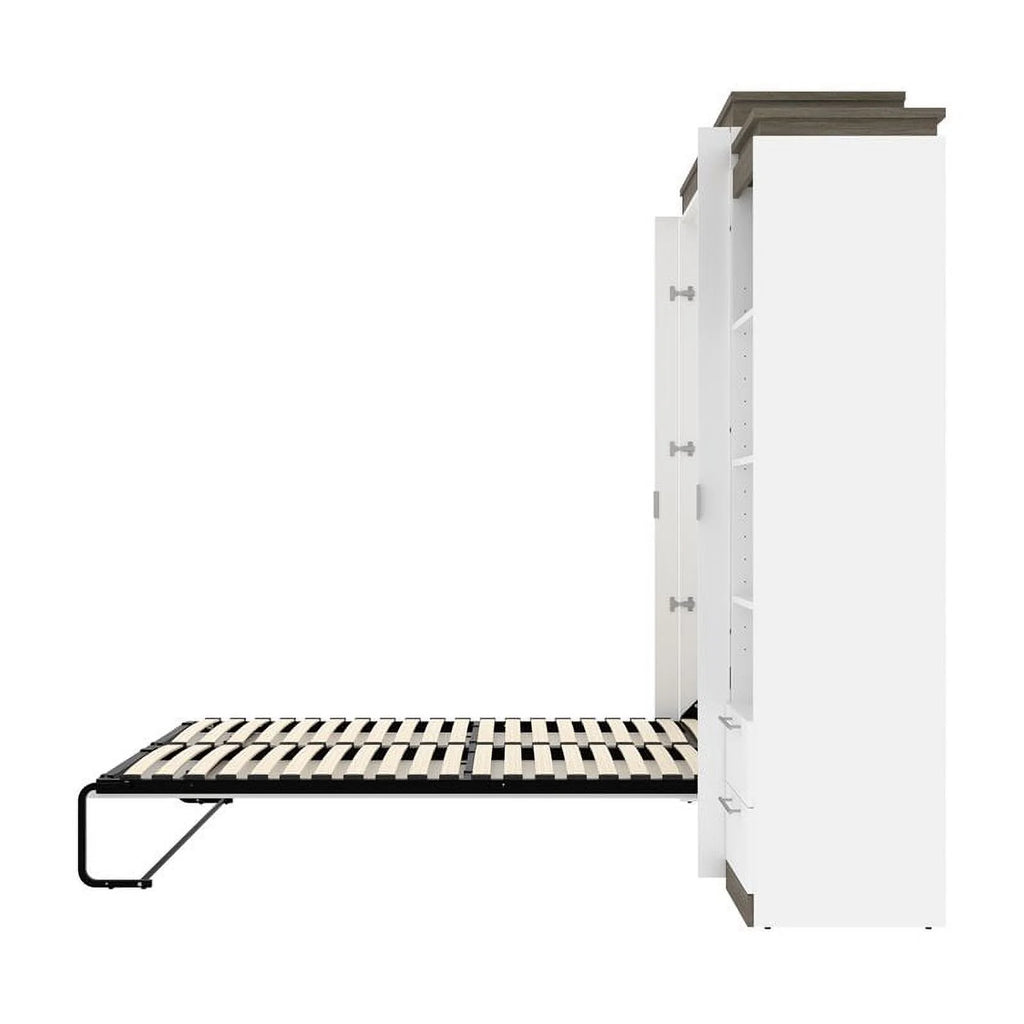 White Queen Murphy Bed and Shelving with Drawers W4669