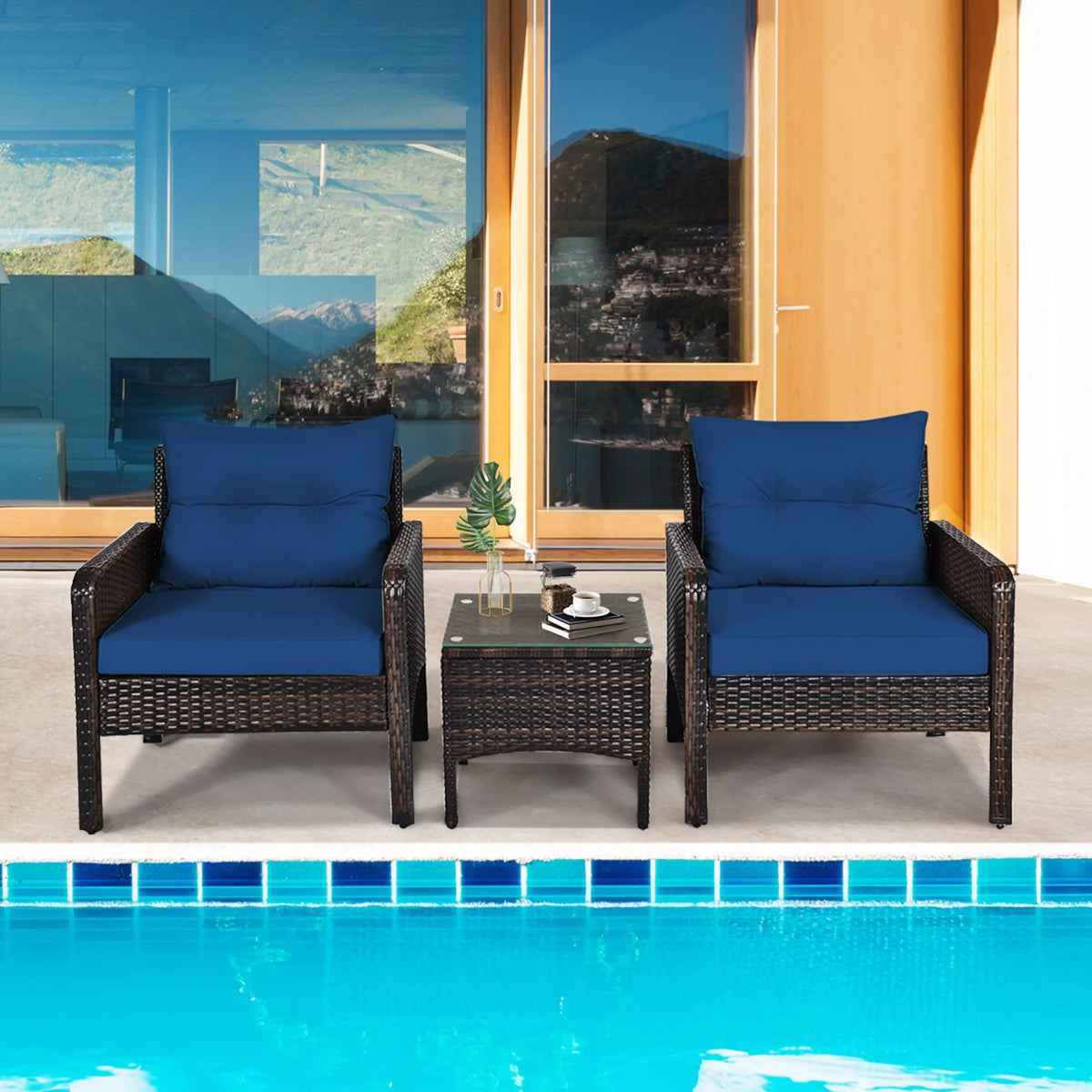 3 Pcs Rattan Patio Conversation Set with Navy Cushions X44598