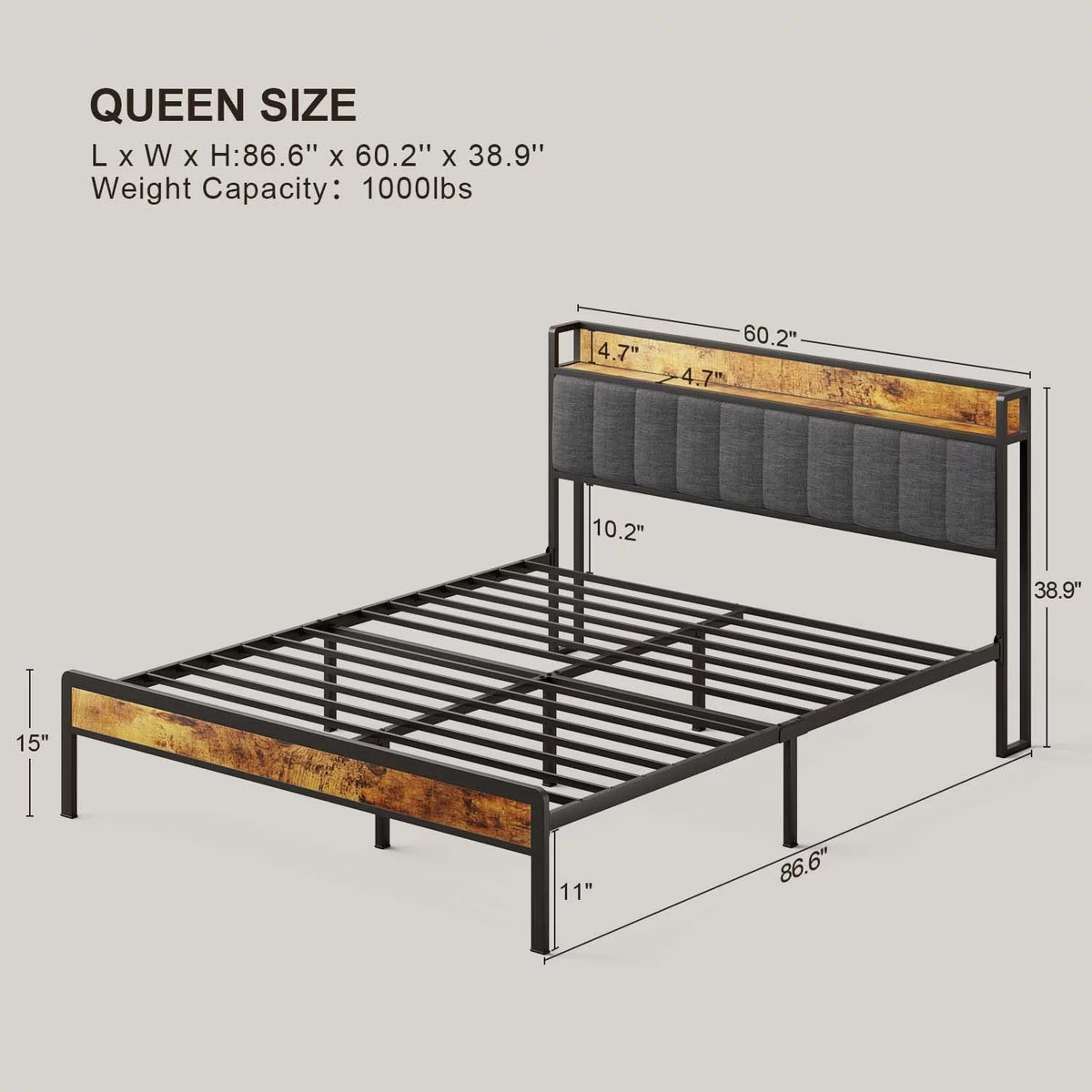 Queen Storage Headboard Metal Bed Frame C87119