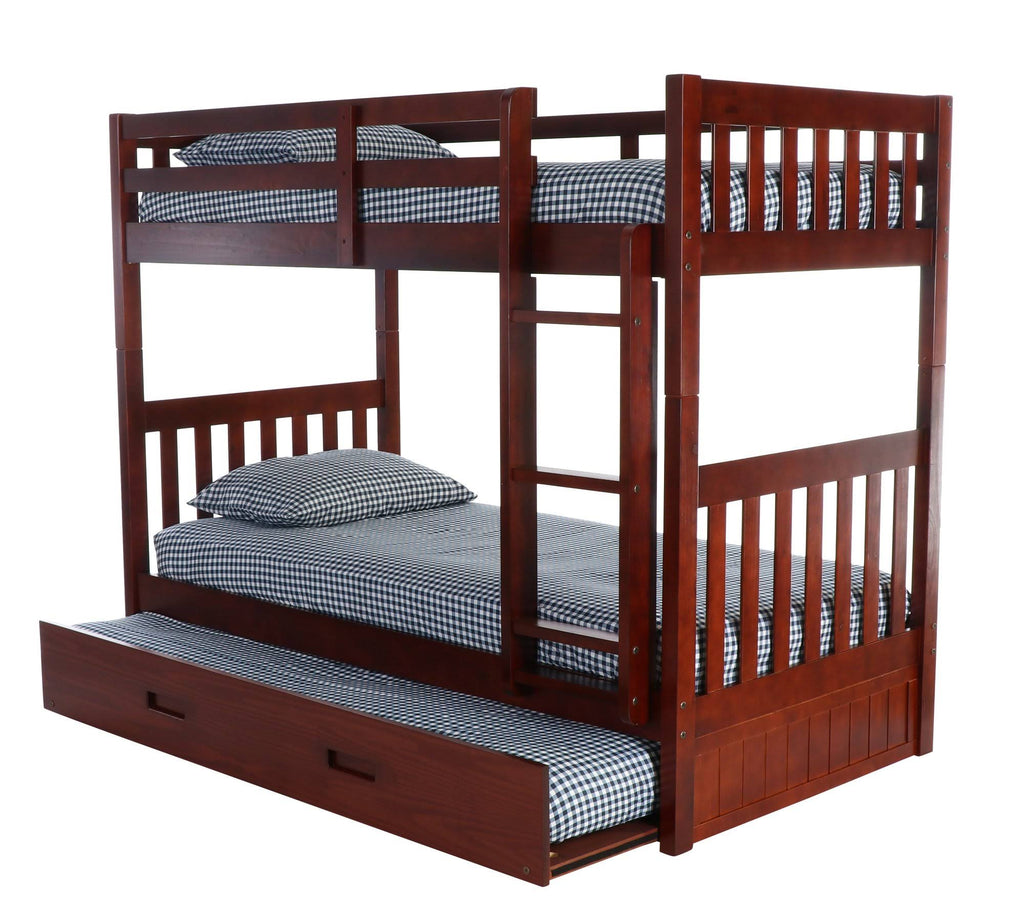 Twin Over Twin Solid Wood Bunk Bed with Trundle in Merlot L35136