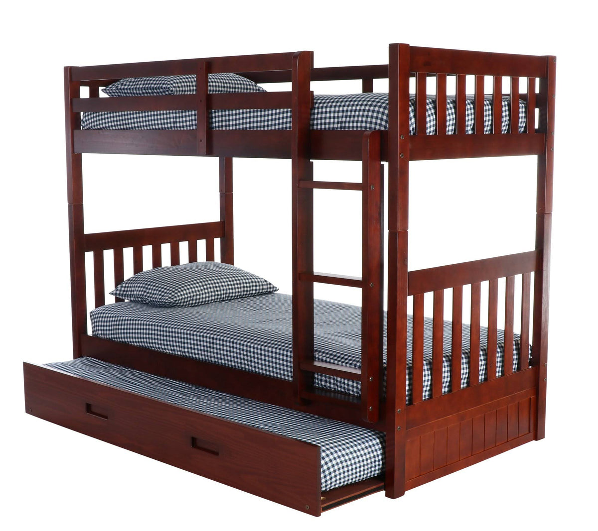 Twin Over Twin Solid Wood Bunk Bed with Trundle in Merlot L35136