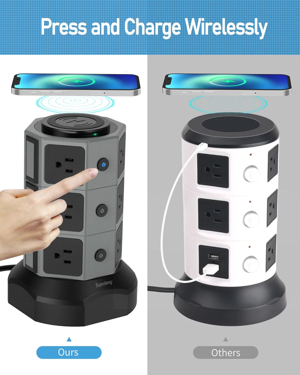 Surge Protector Power Strip Tower with Wireless Charger USB Ports 12 AC Outlet 6.5FT O753