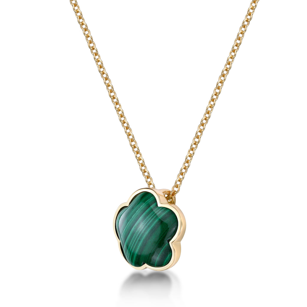 Green Malachite Five Petal Flower Pendant Necklace in 925 Sterling Silver with Yellow Gold Plating on 18 Inch Chain with Spring Ring W842805