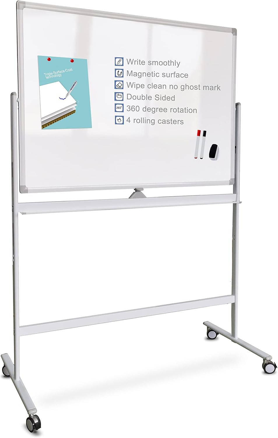 32 x 48 Inches Double Sided Height Adjustable Rolling White Board with Casters Z3934