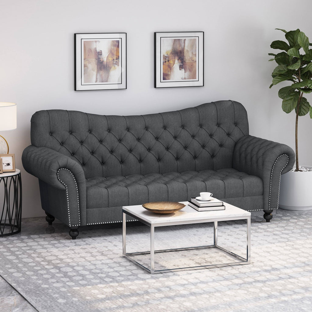 Charcoal Button Tufted Fabric 3 Seater Sofa B3551