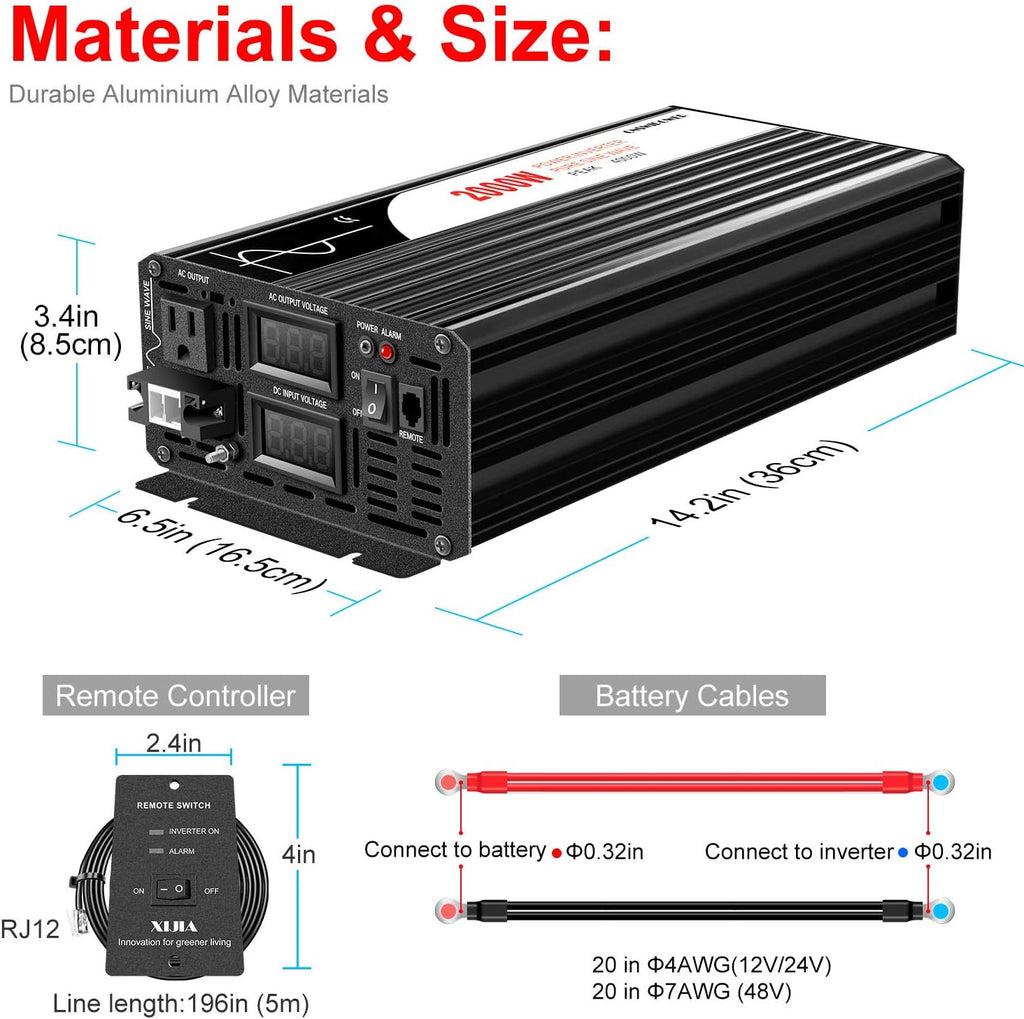 2000W Pure Sine Wave DC to AC Inverter Remote Switch DC 24V to AC 120V 60HZ Solar Converter Z668