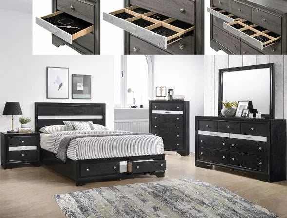 Black 5pc King Size Storage Bed Dresser Mirror Nightstand Set T185122