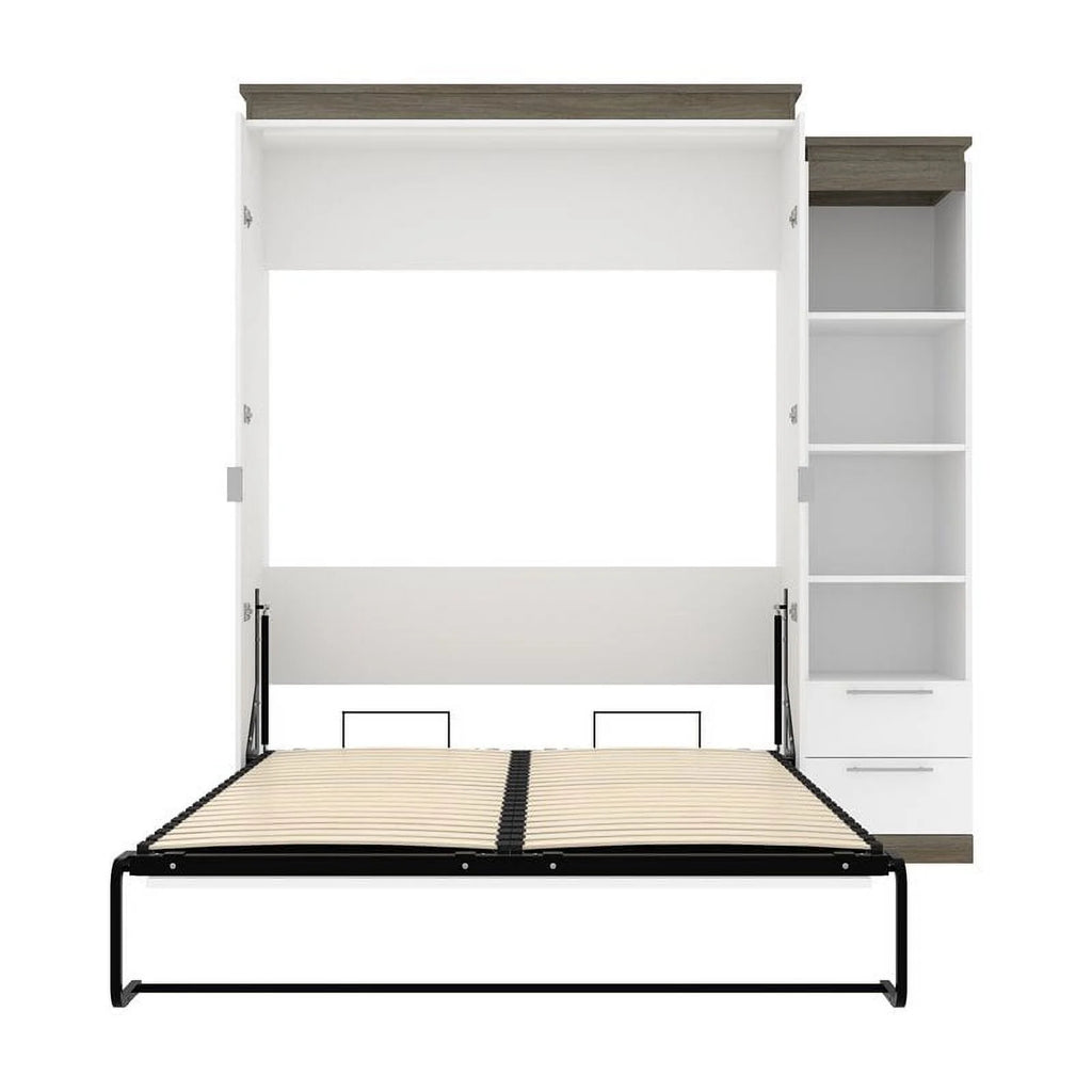 White Queen Murphy Bed and Shelving with Drawers W4669
