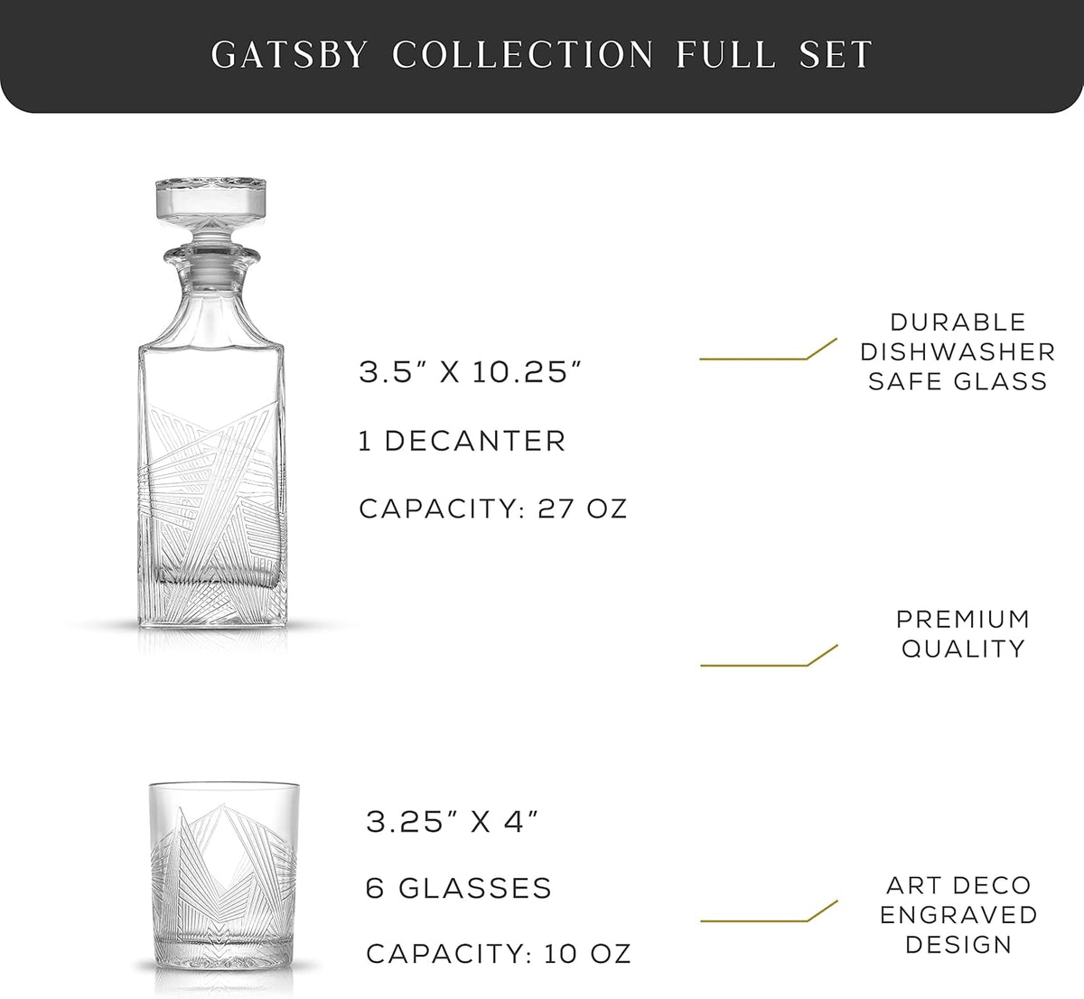 Whiskey Decanter and 6PC Glasses Set, 27 oz Airtight Glass Decanter, Set of 6 Old Fashioned Rocks Glasses M33104