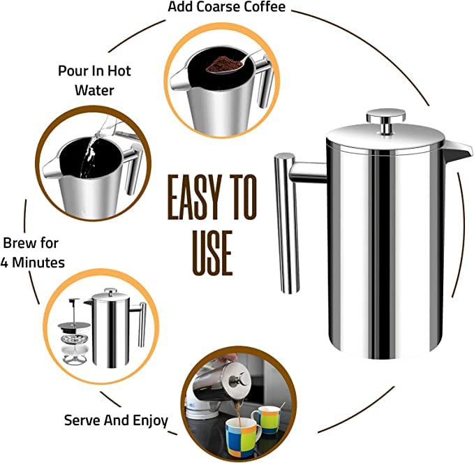 Stainless Steel French Press Coffee Maker 34 Oz with 2 Extra Filters H28797