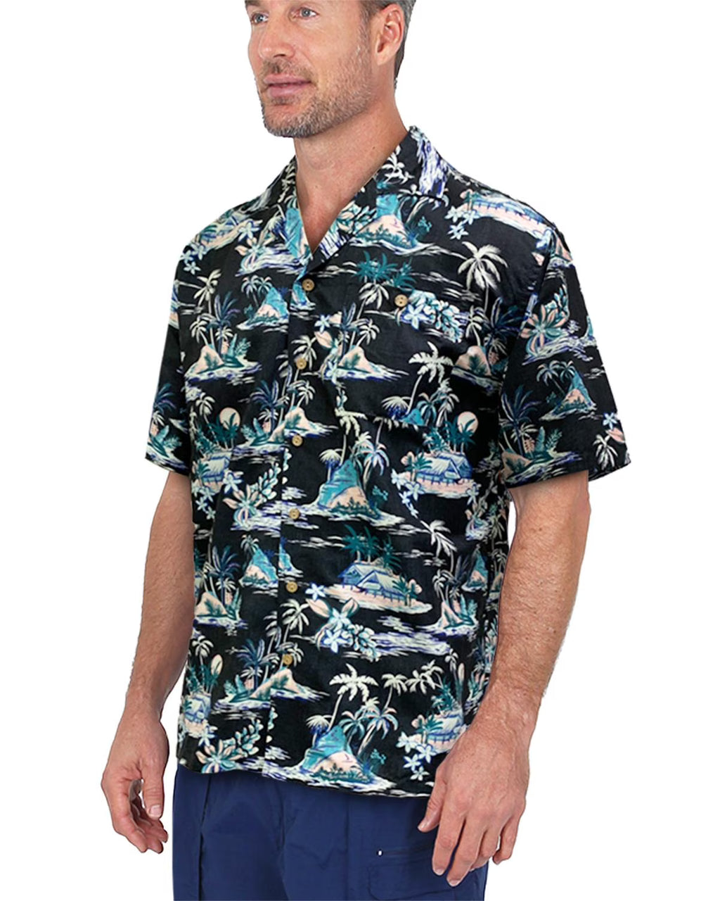 Black Tiki Hut Print Button Down Short Sleeve Shirt G224