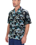 Black Tiki Hut Print Button Down Short Sleeve Shirt G224