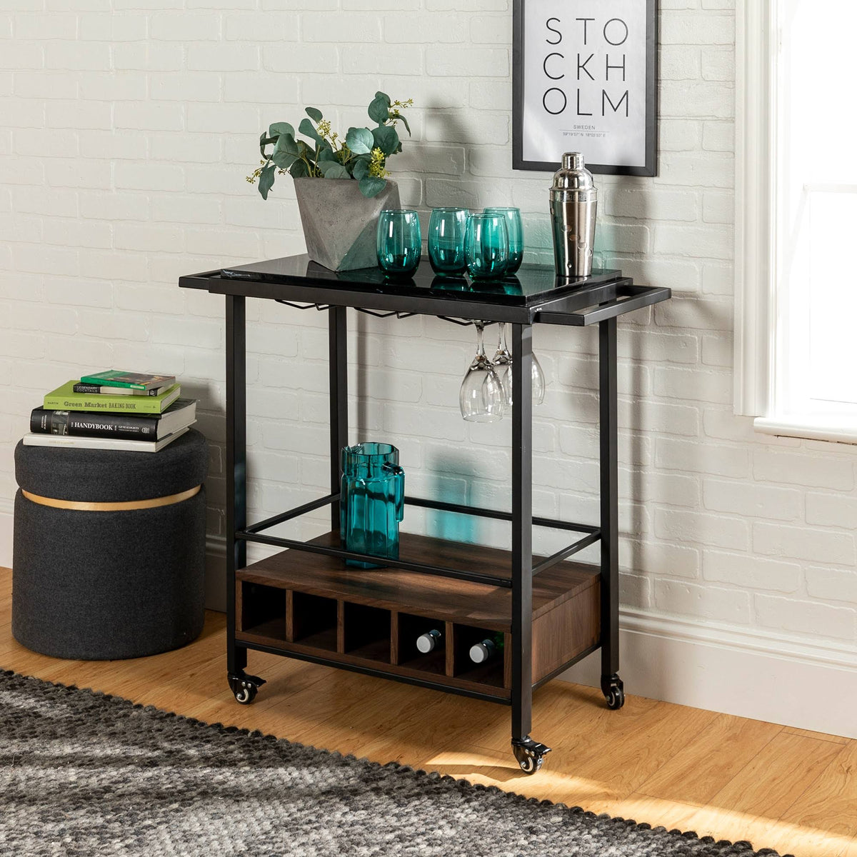 Black Faux Marble Rolling Bar Cart with Bottle Storage D631892