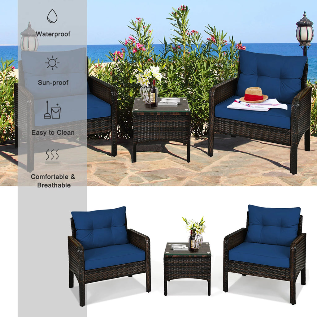 3 Pcs Rattan Patio Conversation Set with Navy Cushions X44598