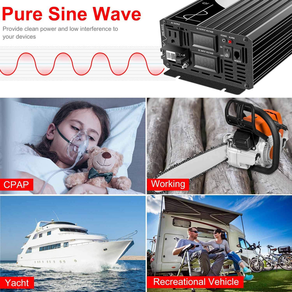 2000W Pure Sine Wave DC to AC Inverter Remote Switch DC 24V to AC 120V 60HZ Solar Converter Z668