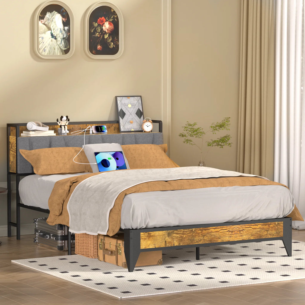 Full Size Platform Bed Frame with Headboard and Storage X874
