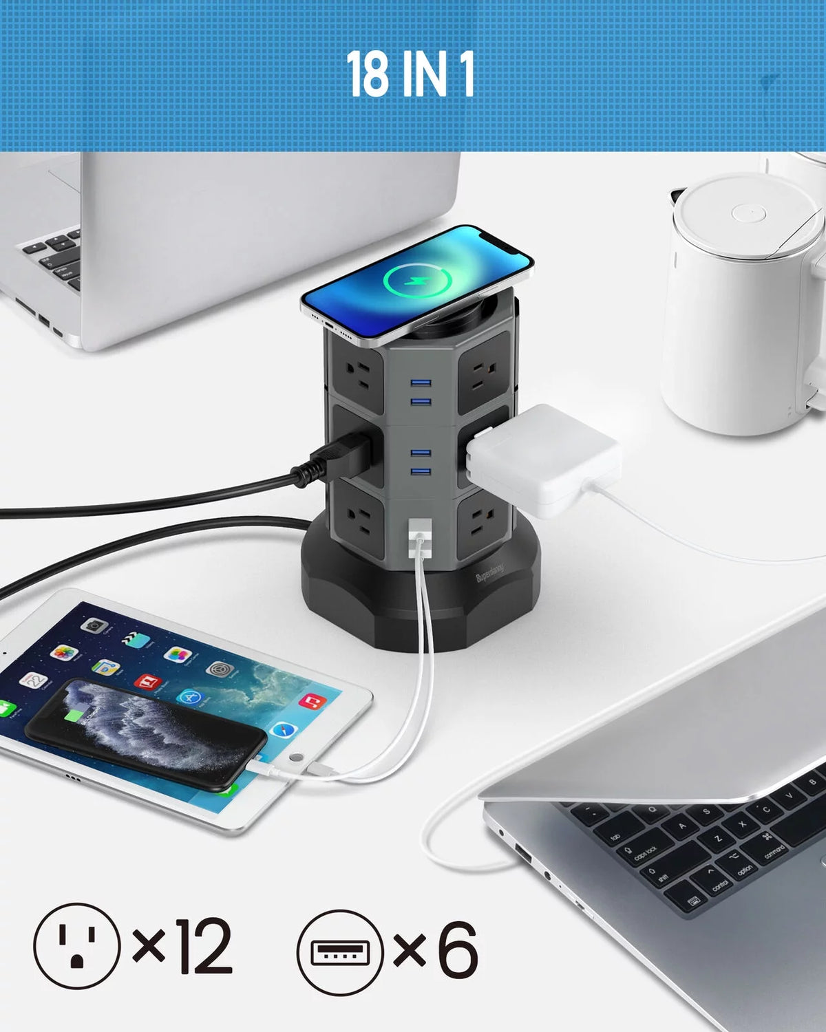 Surge Protector Power Strip Tower with Wireless Charger USB Ports 12 AC Outlet 6.5FT O753