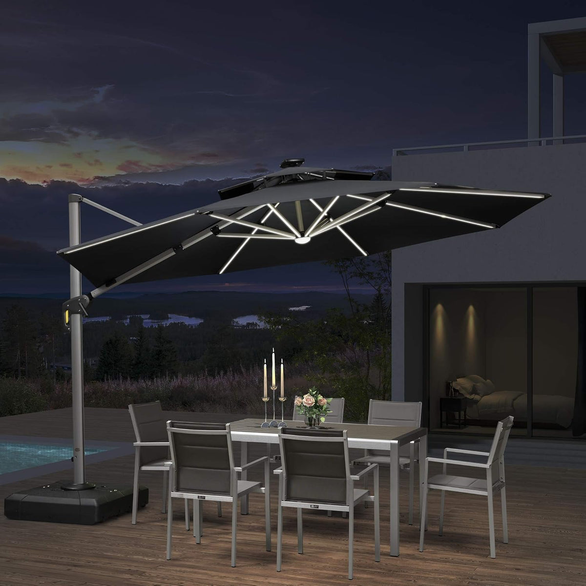 Grey 12ft Solar Powered LED Cantilever Patio Umbrella E352