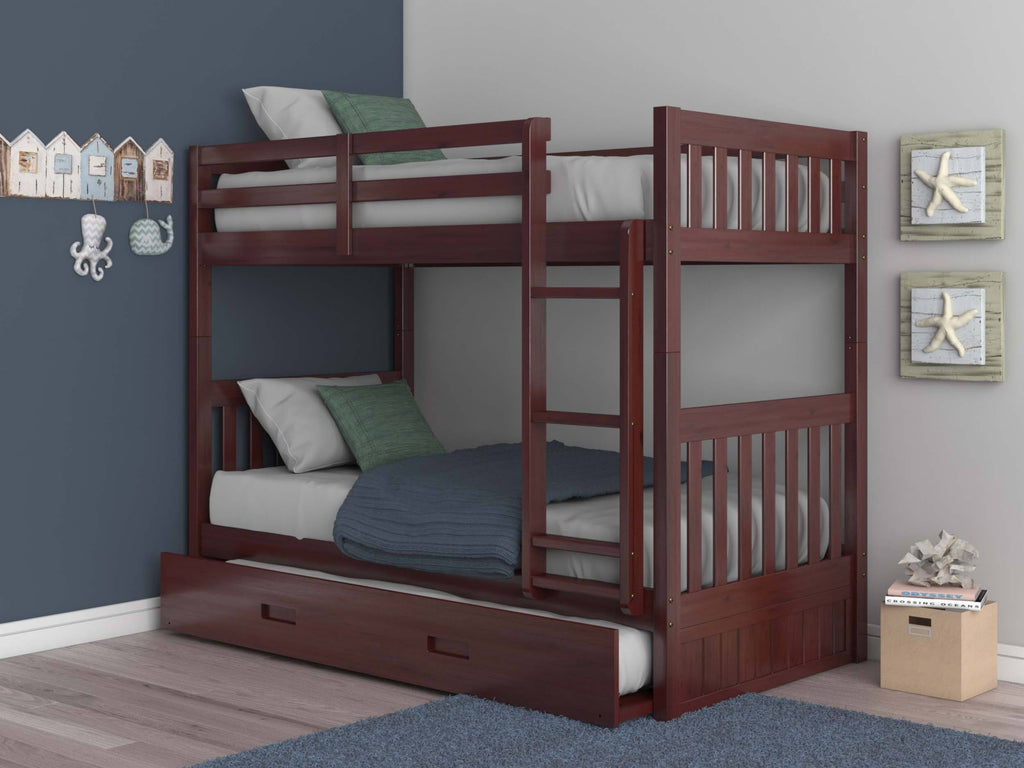 Twin Over Twin Solid Wood Bunk Bed with Trundle in Merlot L35136