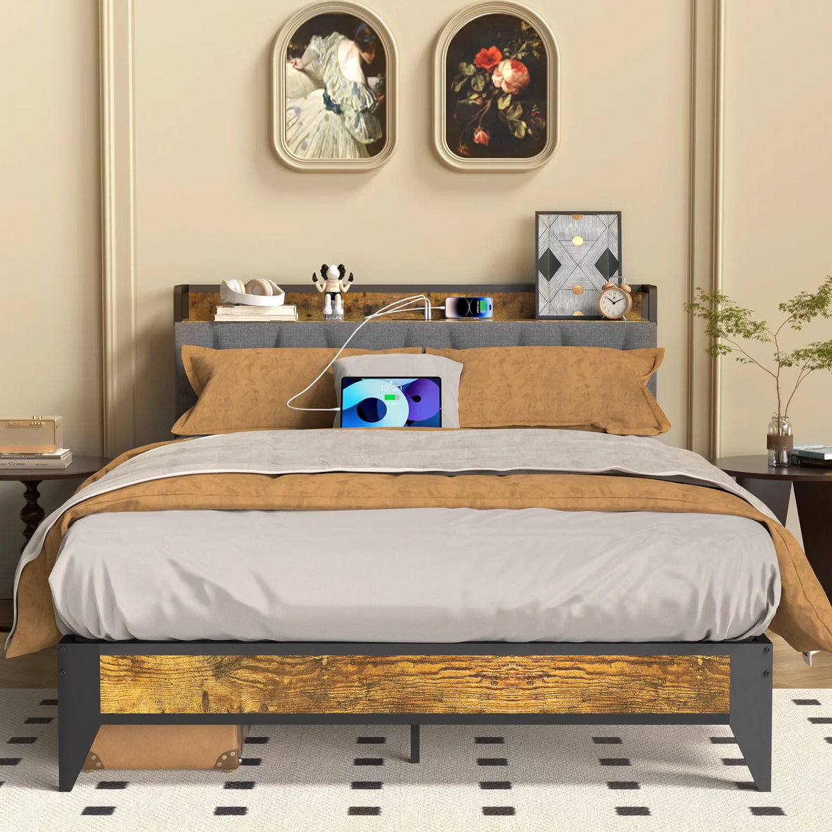 Full Size Platform Bed Frame with Headboard and Storage X874