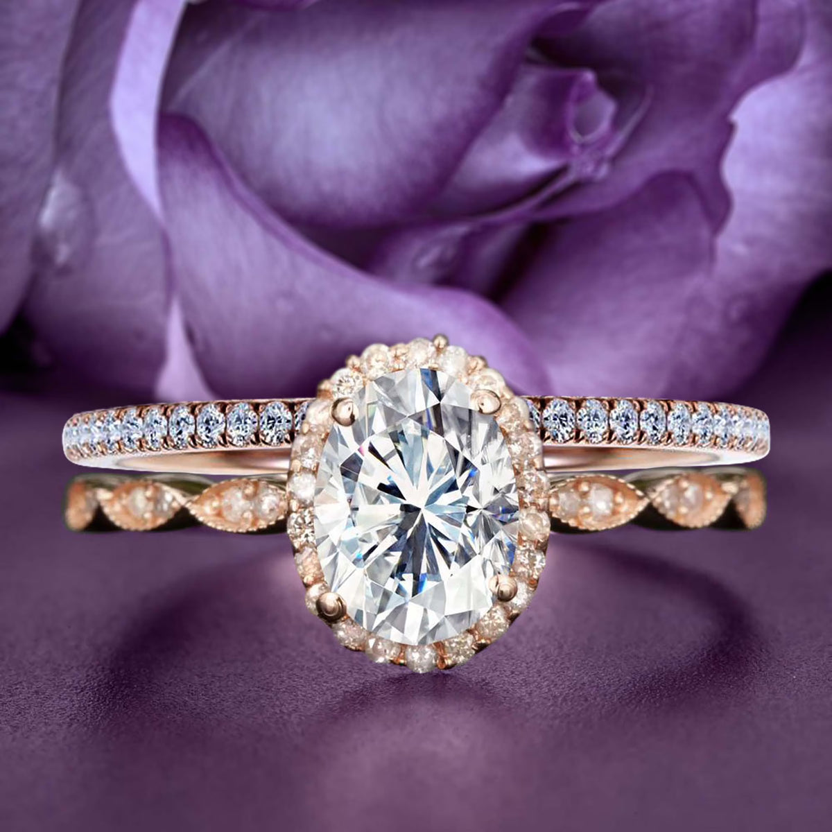 Art Deco Oval Cut Moissanite Engagement Ring in 10k Rose Gold V746158