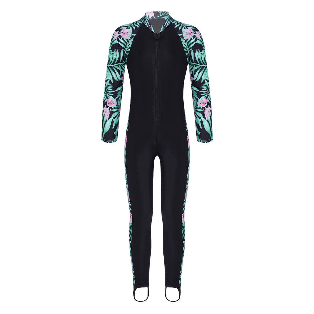 Kids Girls One Piece Zip up Rash Guard Shirt Swimsuit A549