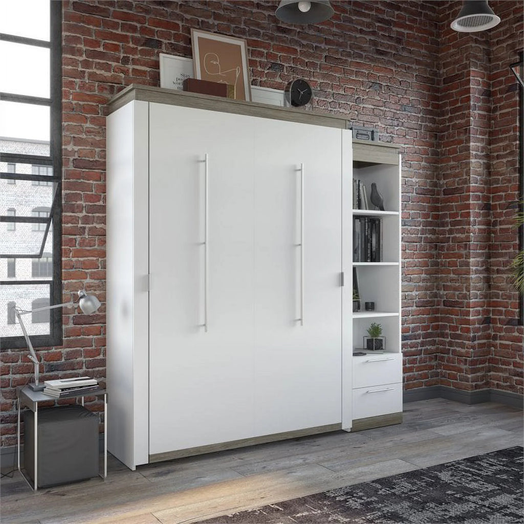 White Queen Murphy Bed and Shelving with Drawers W4669