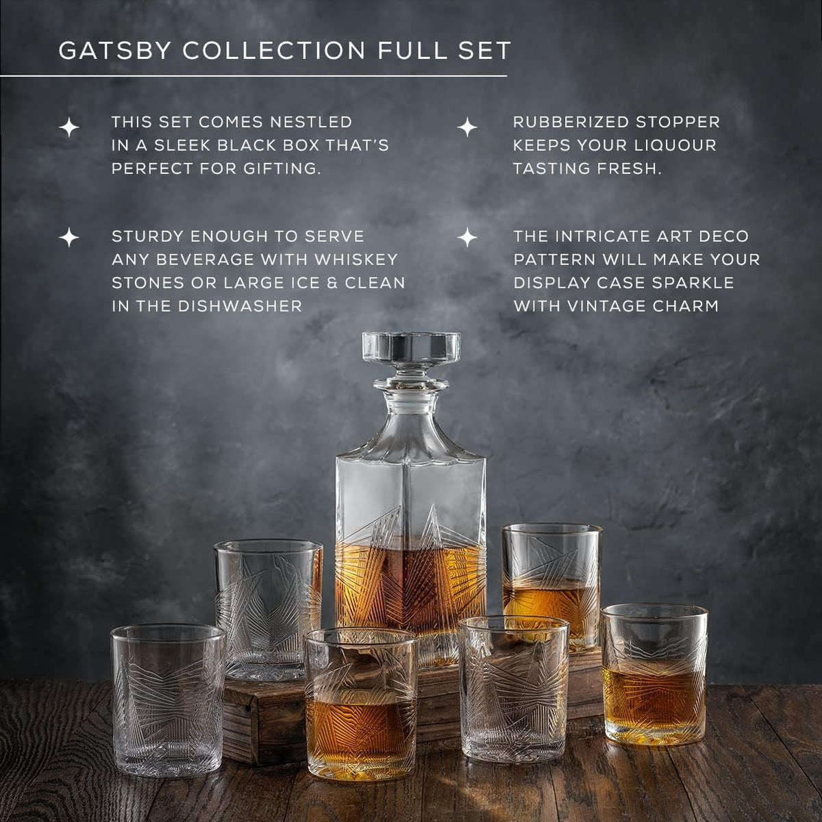 Whiskey Decanter and 6PC Glasses Set, 27 oz Airtight Glass Decanter, Set of 6 Old Fashioned Rocks Glasses M33104