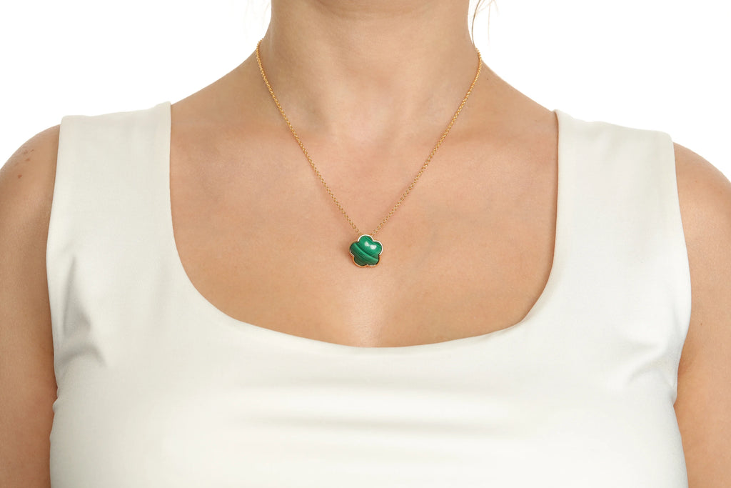 Green Malachite Five Petal Flower Pendant Necklace in 925 Sterling Silver with Yellow Gold Plating on 18 Inch Chain with Spring Ring W842805