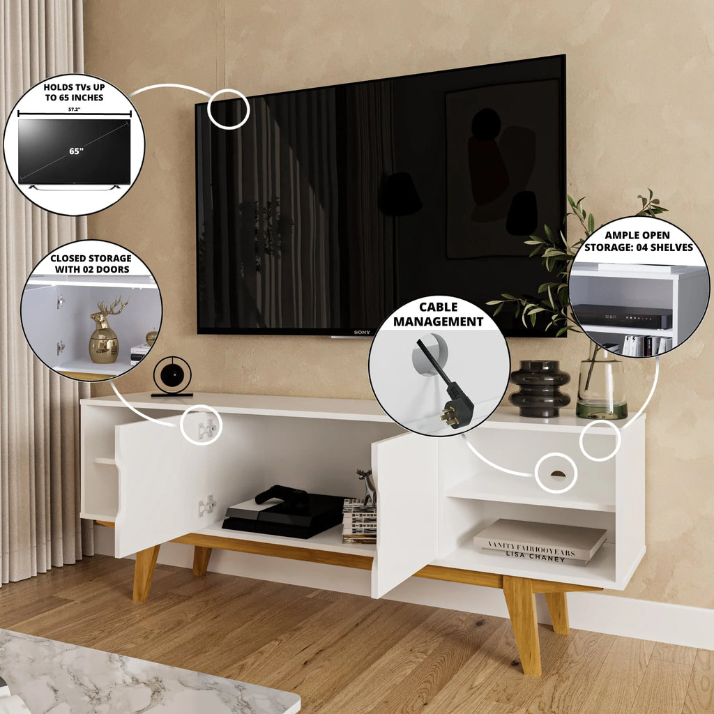 Modern White TV Stand with 4 Open Shelves X44822