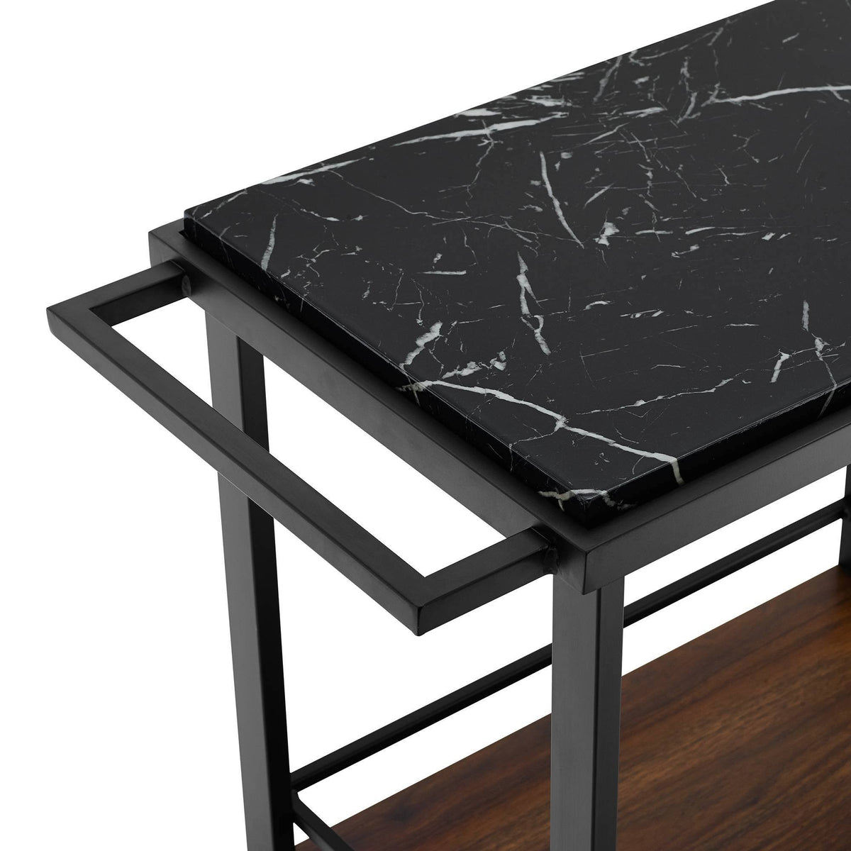 Black Faux Marble Rolling Bar Cart with Bottle Storage D631892