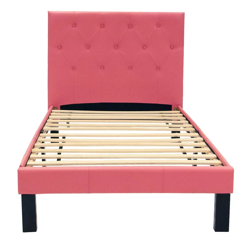 Twin Upholstered Bed Frame with Slats in Pink Faux Leather K6540