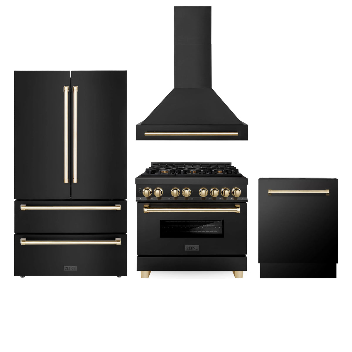 36 Dual Fuel Range, Range Hood, Refrigerator, Dishwasher in Black Stainless J1877