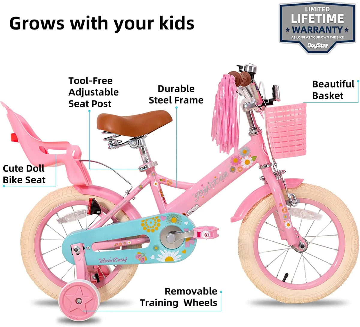 16 inch Kids Bike with Handbrake Training Wheels Basket Pink B2669